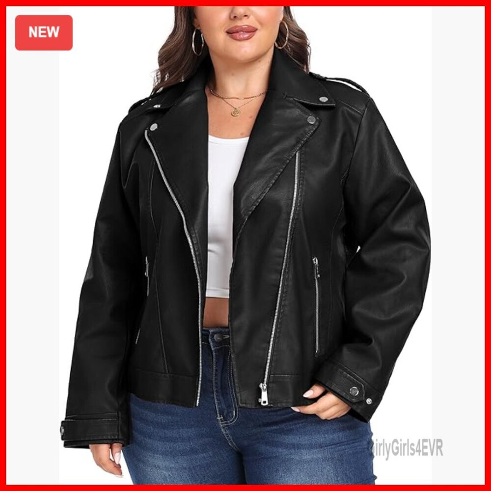 Plus Size Faux Leather Moto Jacket with Lapel Collar and Multiple Pockets